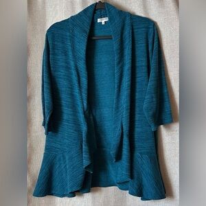 Kiyonna•3/4 sleeve waterfall open cardigan•size 2•polyester blend•teal blue